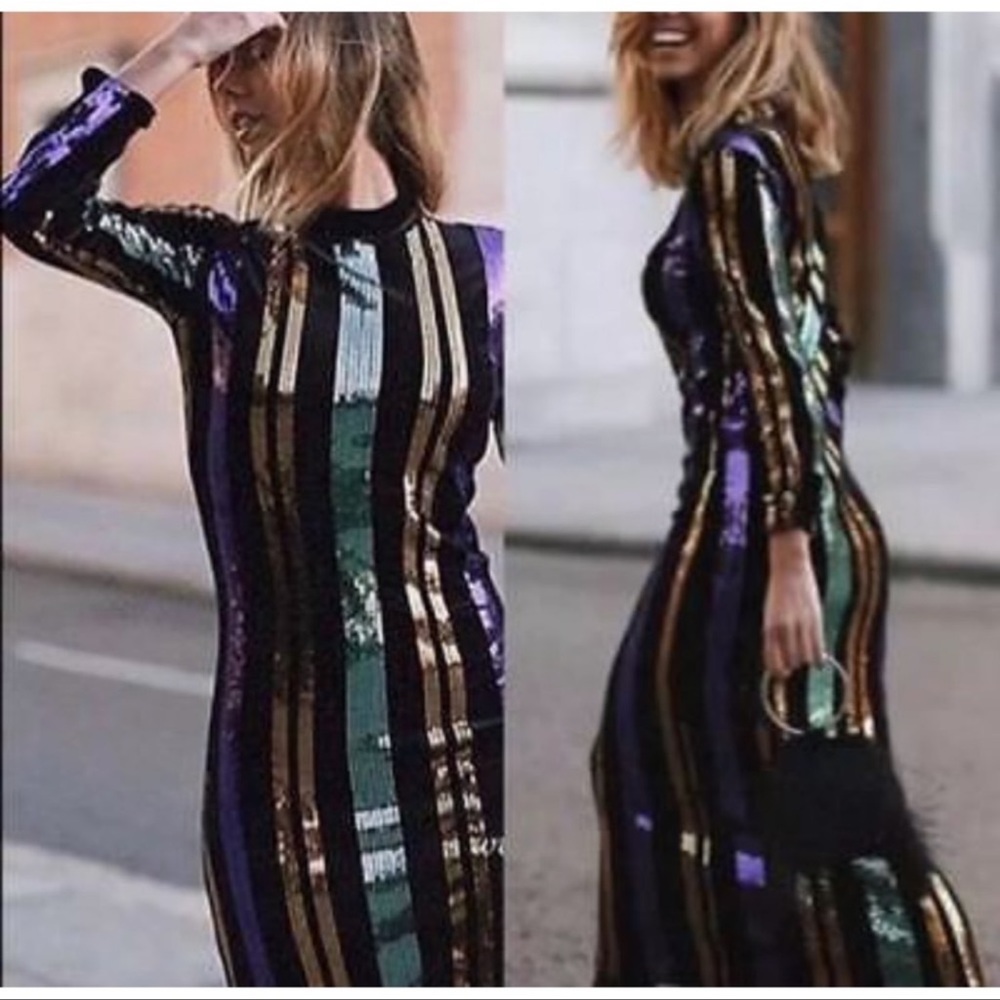 Zara Midi Velvet Striped Sequin Long Dress
